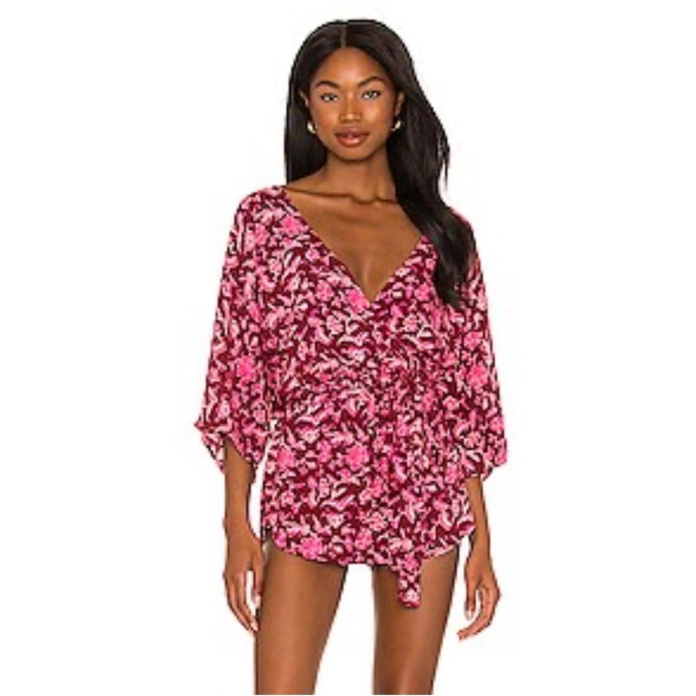 INDAH Sunday Kimono Tie Front Romper in Fuchsia Pink floral Yogya size XS